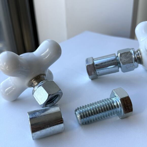 Antique J.H. Balmer Co White Porcelain Cross Handles Hot & Cold Faucet Knobs Set - Picture 5 of 9